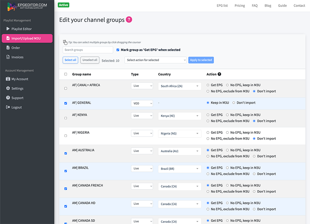 EPG Editor — playlist overview
