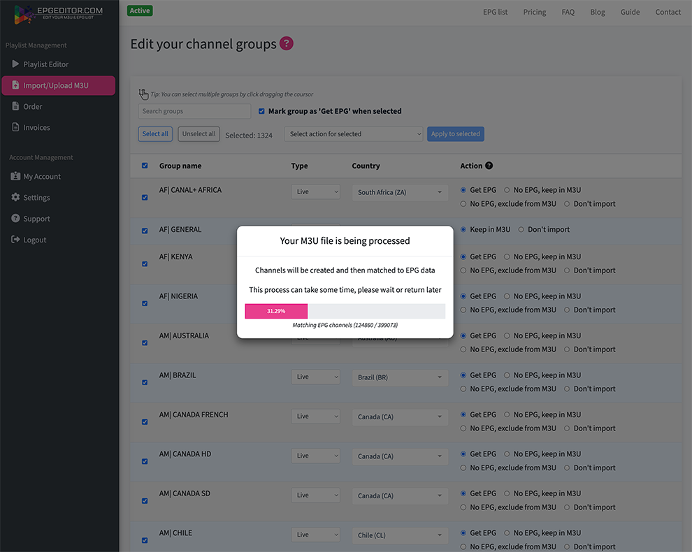 EPG Editor — playlist overview