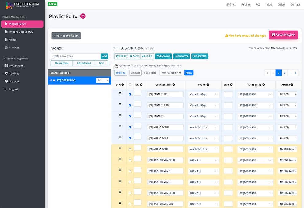 EPG Editor — playlist overview